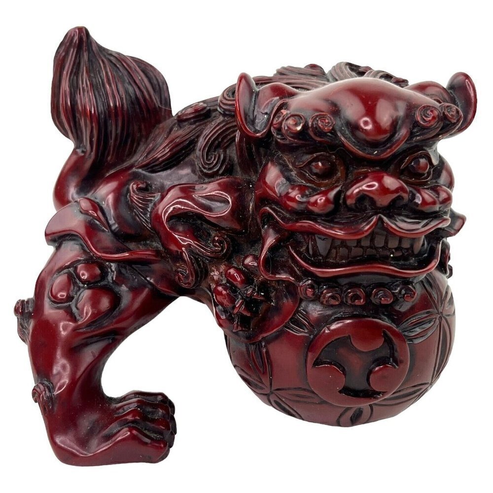 Small Chinese Red Resin Foo Dog Guardian Figurine Asian Decor Table Top